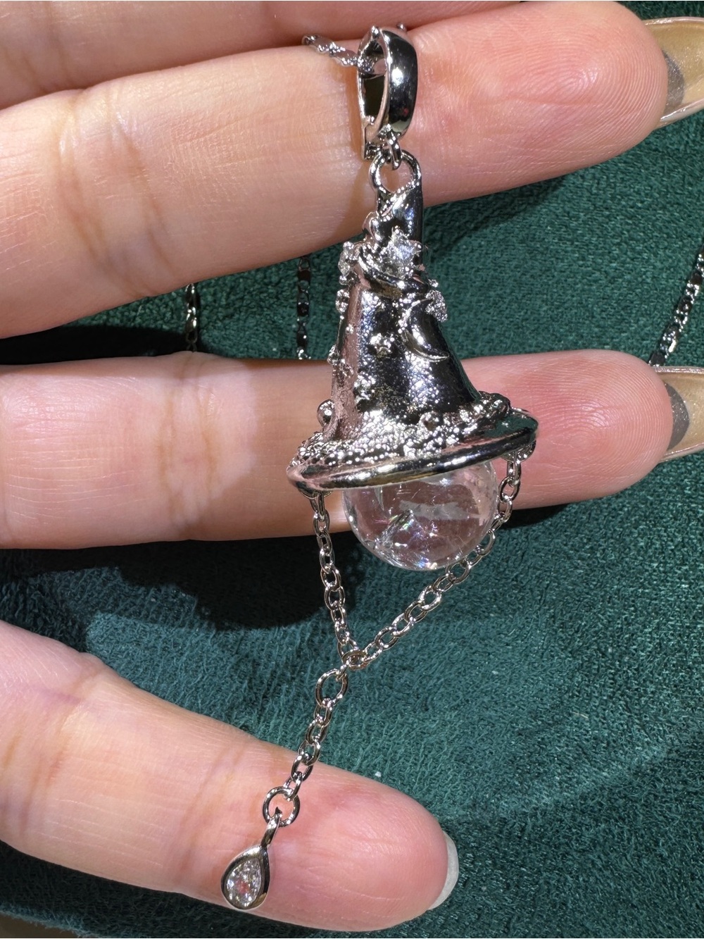 White Azeztulite Witch Hat Necklace Halloween Crystal Pendant